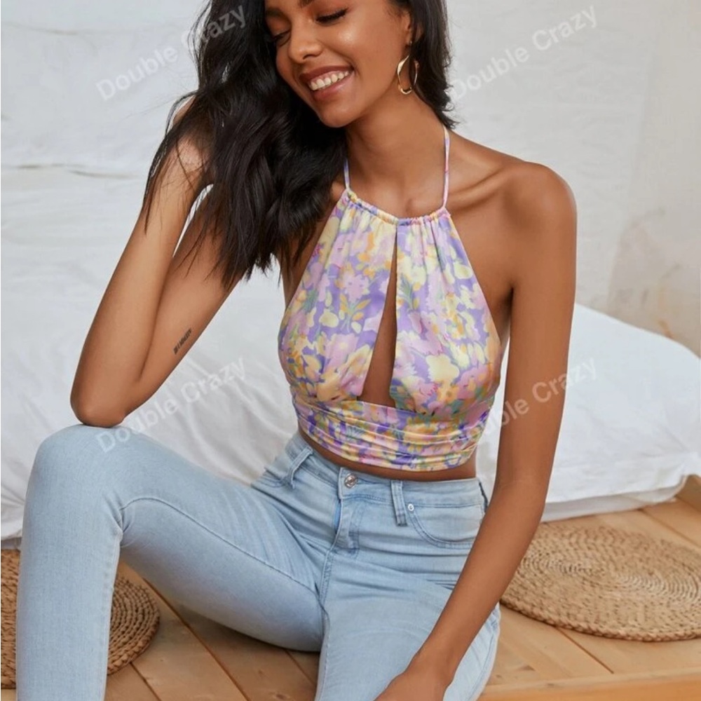 Women's Floral Halter Top - Purple and Yellow